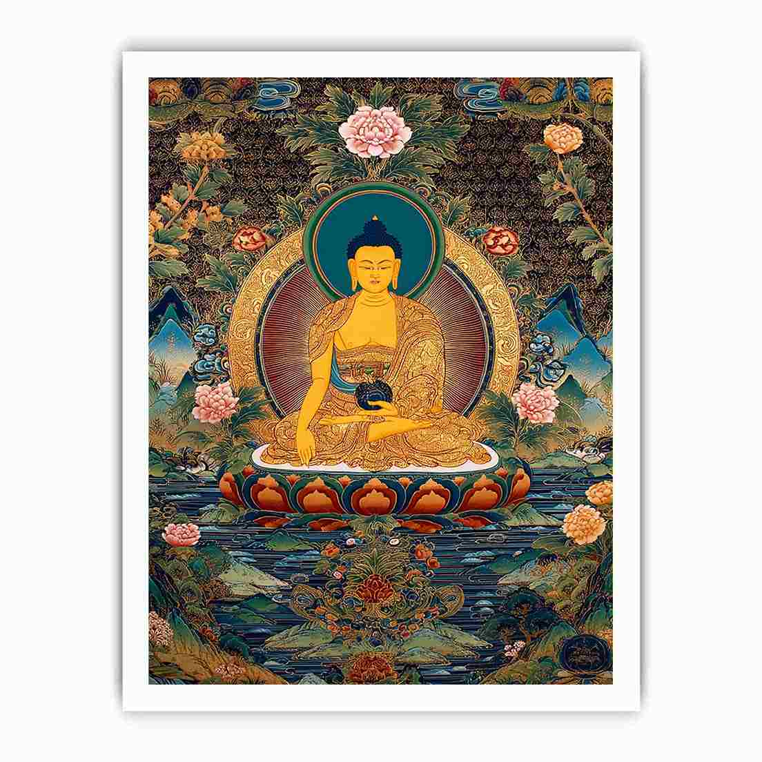 Golden Buddha canvas art with lotus flowers for serene meditation room decor.