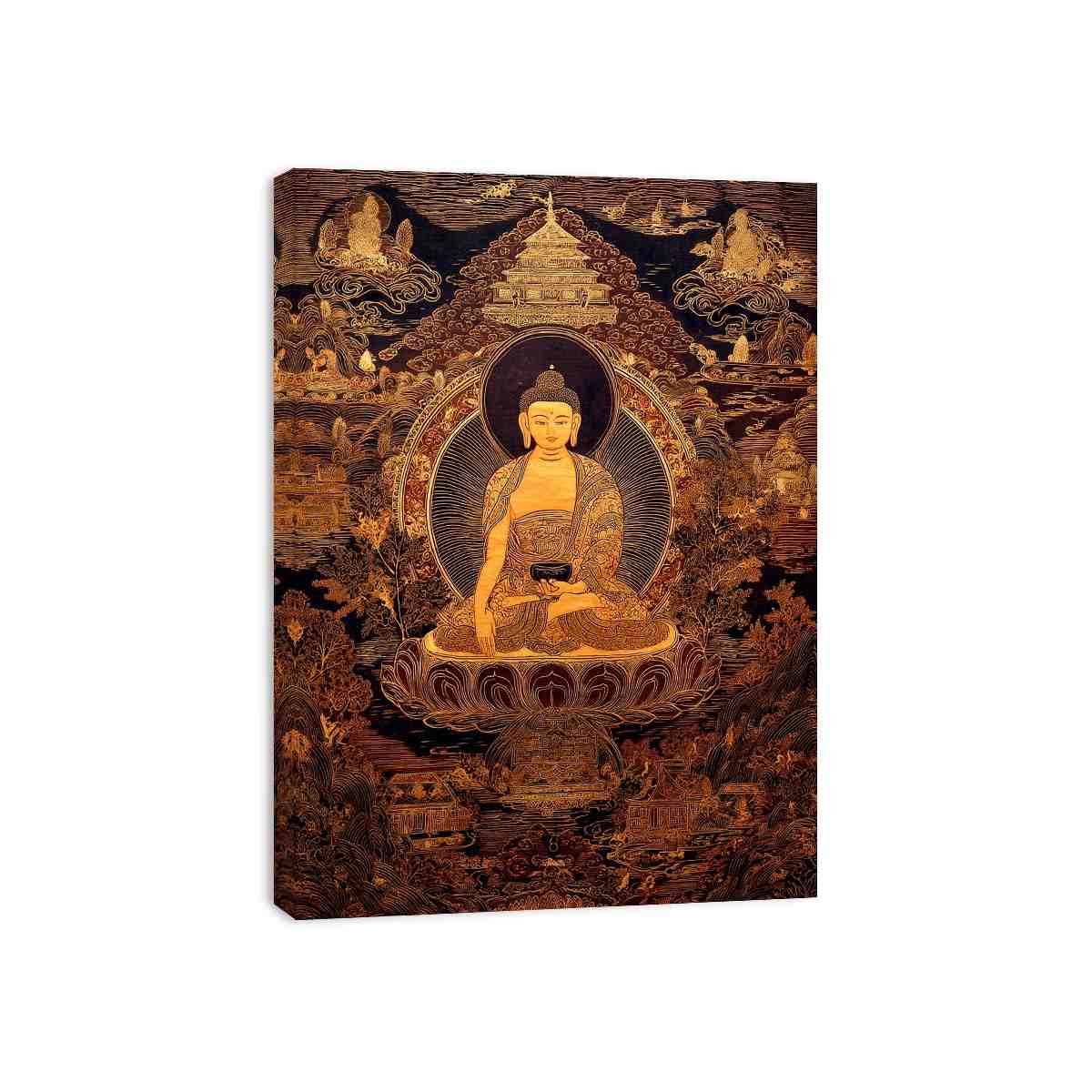 Moody golden Buddha canvas art with temple details for luxury spiritual decor.
