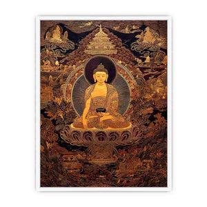 Moody golden Buddha canvas art with temple details for luxury spiritual decor.