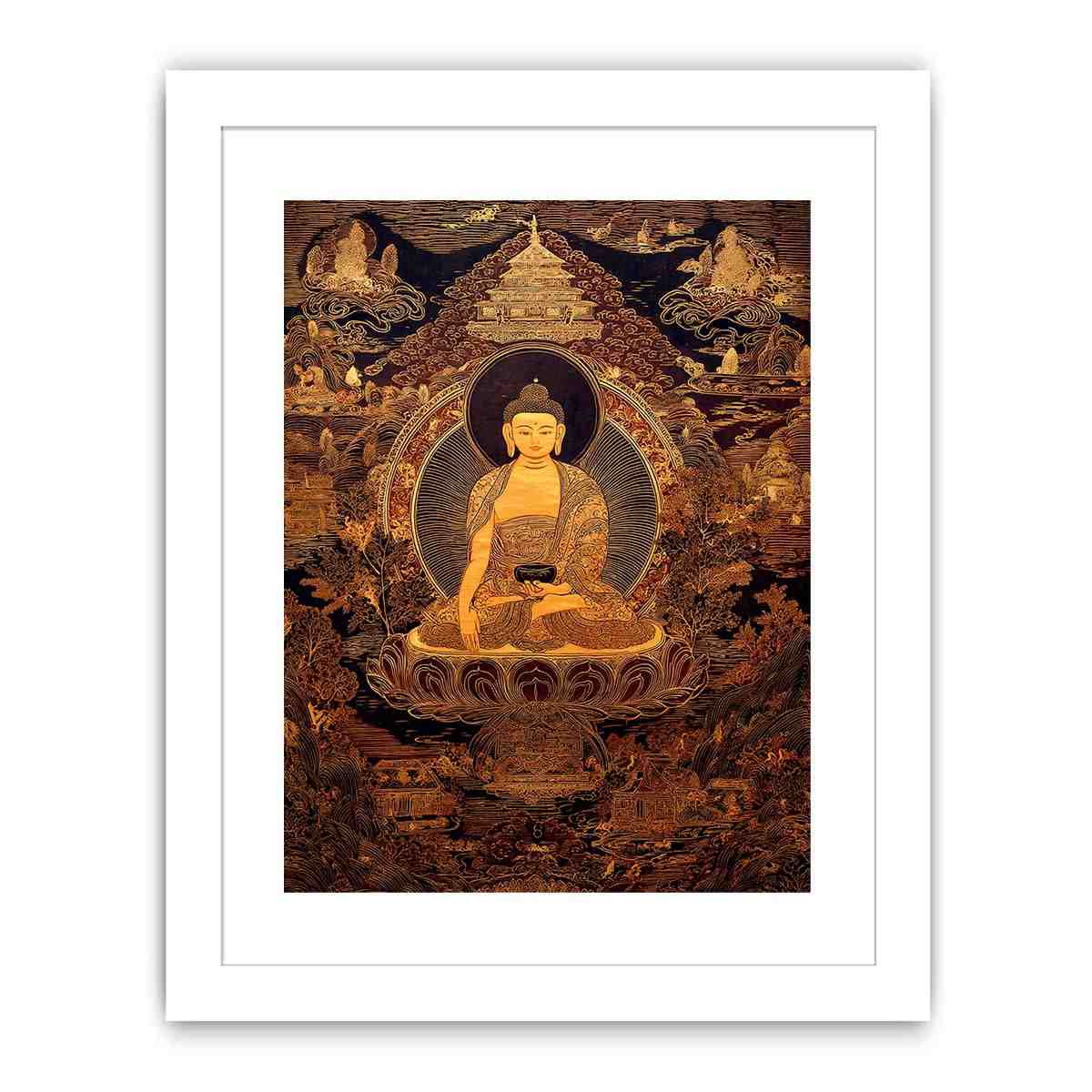 Moody golden Buddha canvas art with temple details for luxury spiritual decor.