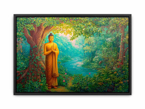 Standing Buddha forest canvas art with river and greenery for calming home decor.