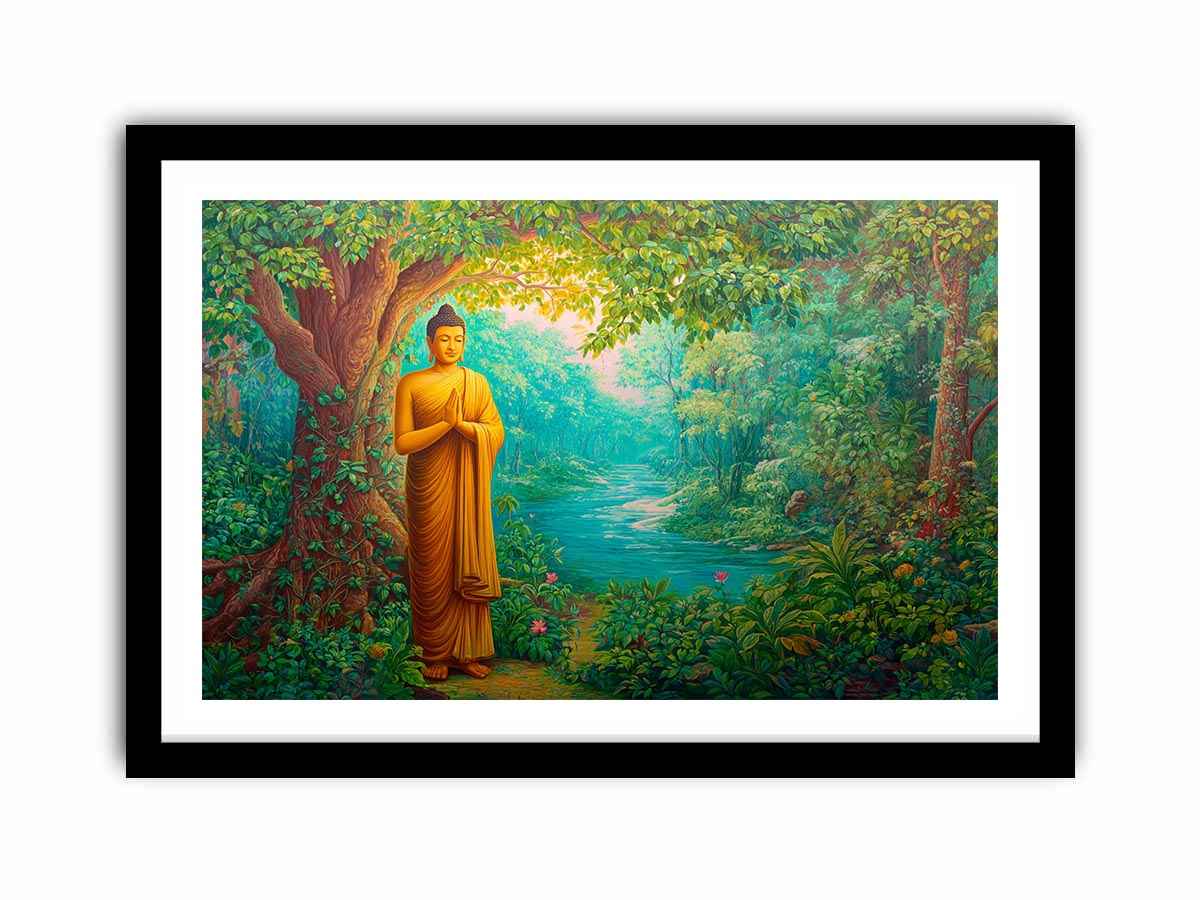 Standing Buddha forest canvas art with river and greenery for calming home decor.