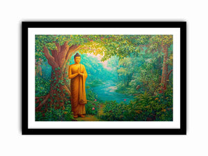 Standing Buddha forest canvas art with river and greenery for calming home decor.