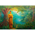 Standing Buddha forest canvas art with river and greenery for calming home decor.