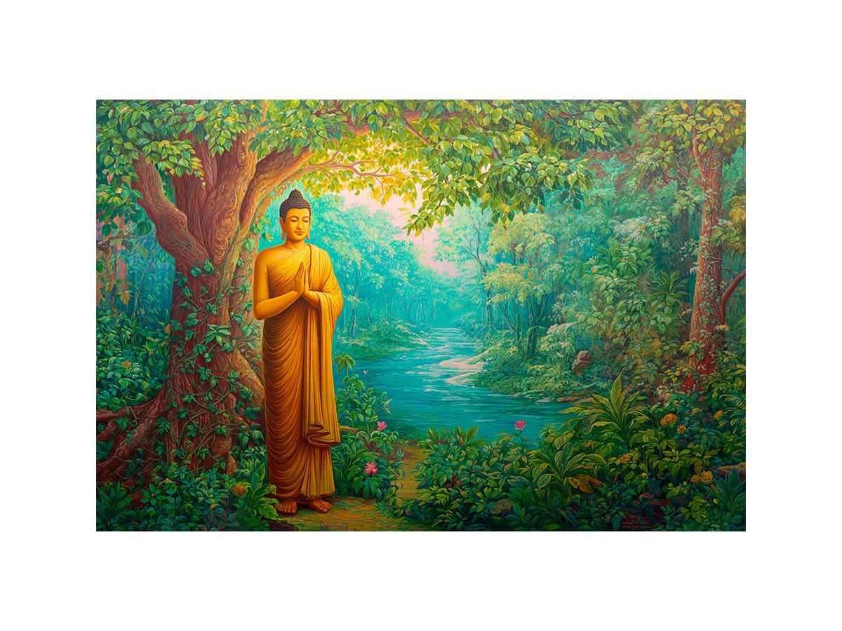 Standing Buddha forest canvas art with river and greenery for calming home decor.
