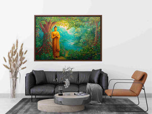 Standing Buddha forest canvas art with river and greenery for calming home decor.