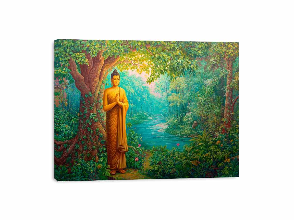 Standing Buddha forest canvas art with river and greenery for calming home decor.