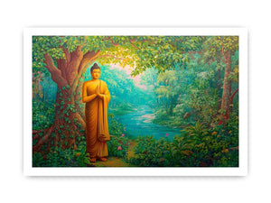 Standing Buddha forest canvas art with river and greenery for calming home decor.