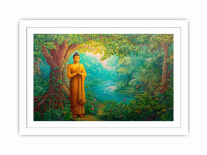 Standing Buddha forest canvas art with river and greenery for calming home decor.