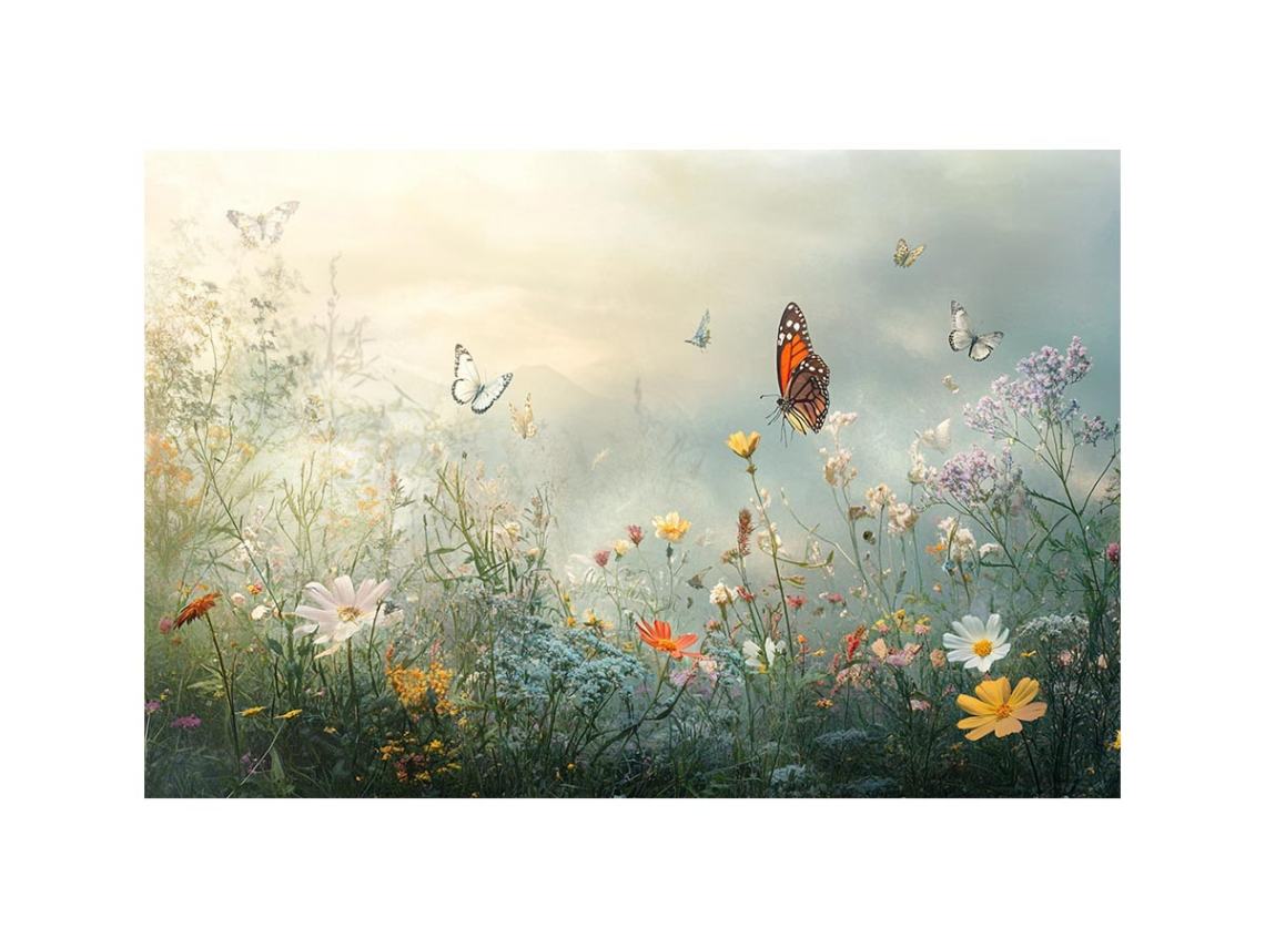Butterflies over a misty wildflower meadow canvas art for serene living room decor