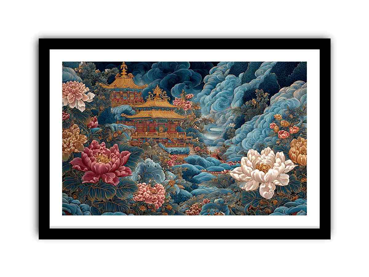 Ornate Asian temple canvas art with blue clouds and peony flowers for luxury decor.