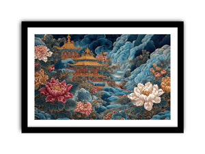 Ornate Asian temple canvas art with blue clouds and peony flowers for luxury decor.