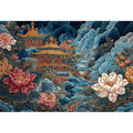 Ornate Asian temple canvas art with blue clouds and peony flowers for luxury decor.