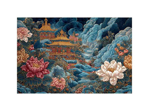 Ornate Asian temple canvas art with blue clouds and peony flowers for luxury decor.