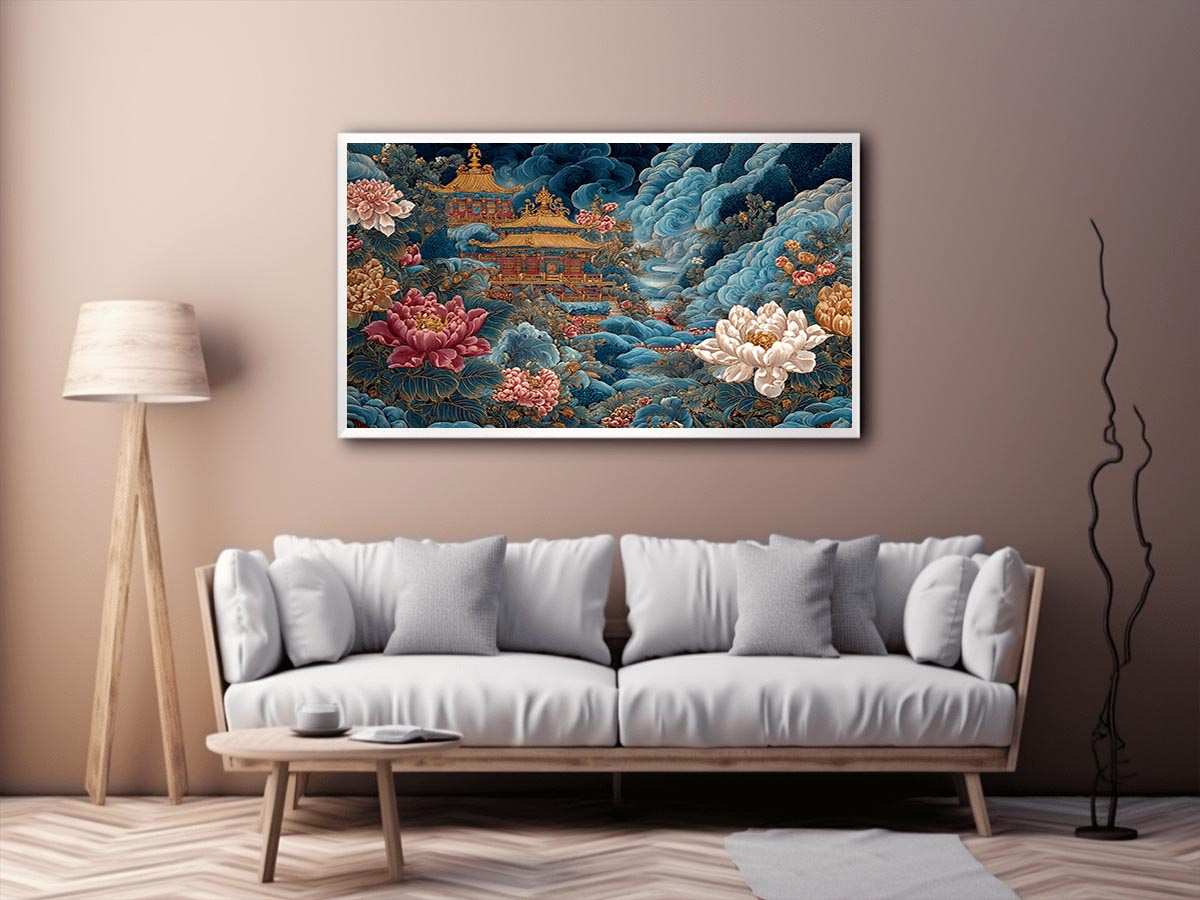 Ornate Asian temple canvas art with blue clouds and peony flowers for luxury decor.