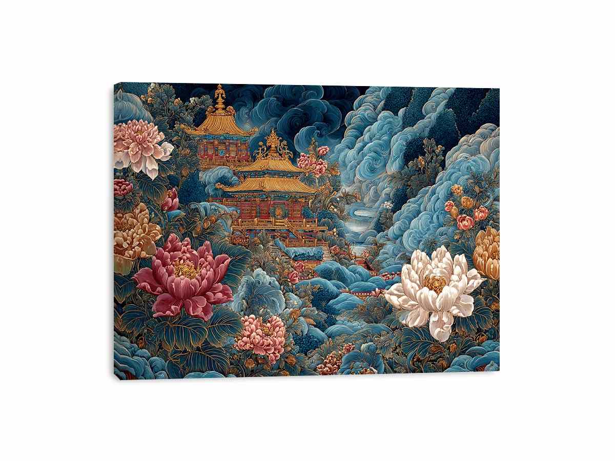 Ornate Asian temple canvas art with blue clouds and peony flowers for luxury decor.