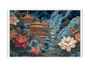Ornate Asian temple canvas art with blue clouds and peony flowers for luxury decor.