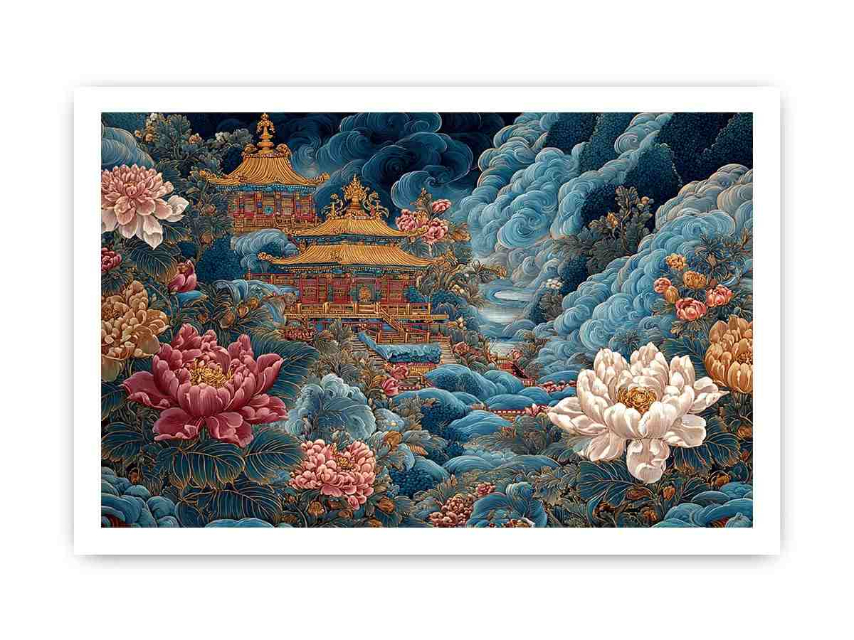 Ornate Asian temple canvas art with blue clouds and peony flowers for luxury decor.