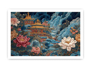 Ornate Asian temple canvas art with blue clouds and peony flowers for luxury decor.