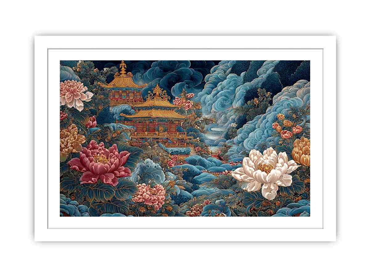 Ornate Asian temple canvas art with blue clouds and peony flowers for luxury decor.