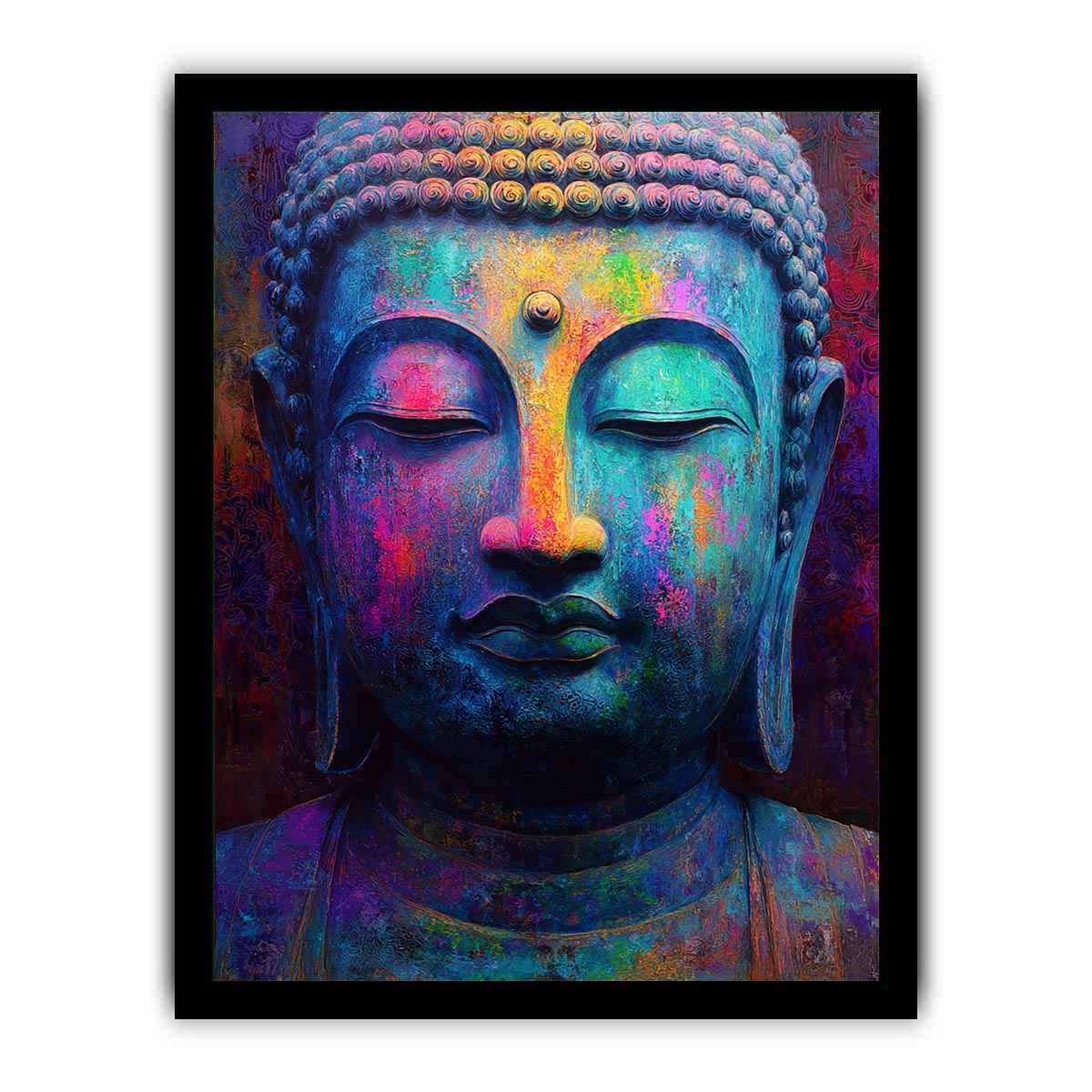Colorful Buddha portrait canvas art for modern spiritual living room decor.
