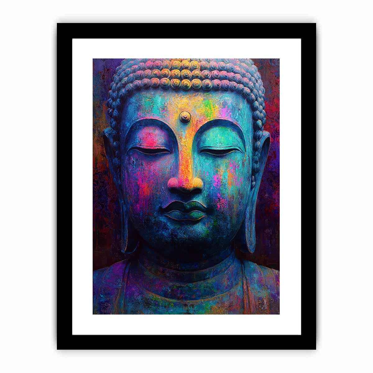 Colorful Buddha portrait canvas art for modern spiritual living room decor.