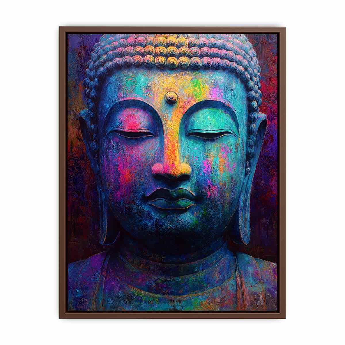 Colorful Buddha portrait canvas art for modern spiritual living room decor.