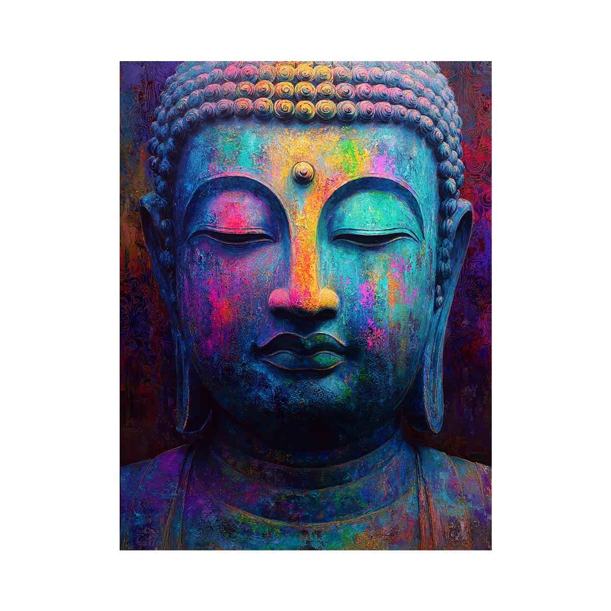 Colorful Buddha portrait canvas art for modern spiritual living room decor.