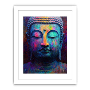 Colorful Buddha portrait canvas art for modern spiritual living room decor.