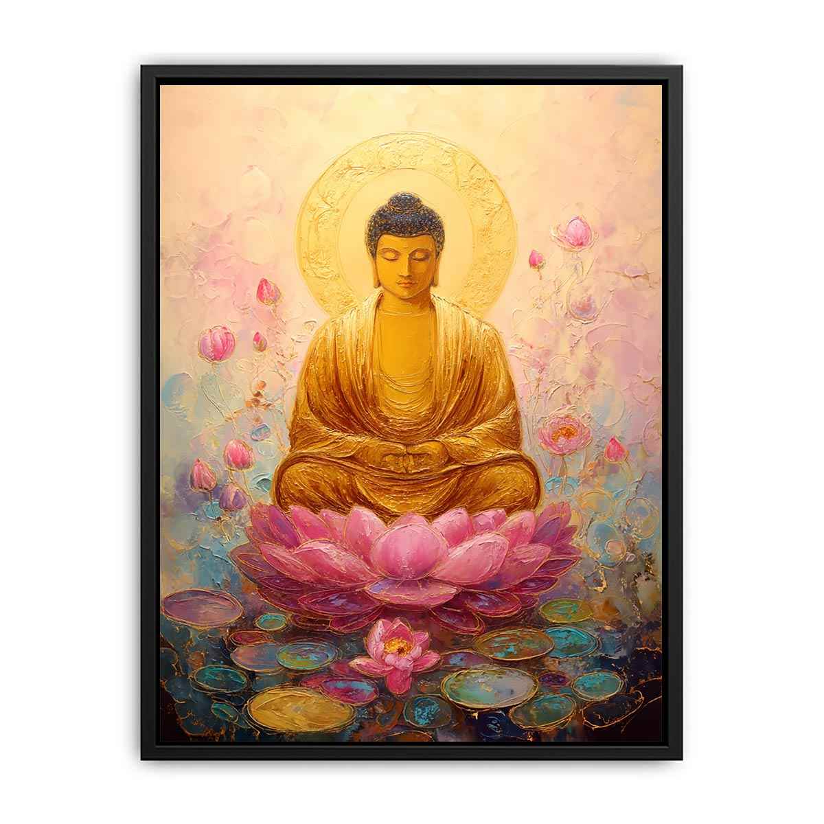 Soft golden Buddha lotus canvas art for peaceful bedroom and meditation decor.