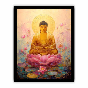 Soft golden Buddha lotus canvas art for peaceful bedroom and meditation decor.