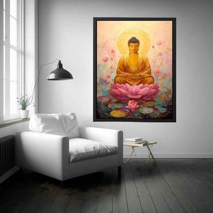 Soft golden Buddha lotus canvas art for peaceful bedroom and meditation decor.