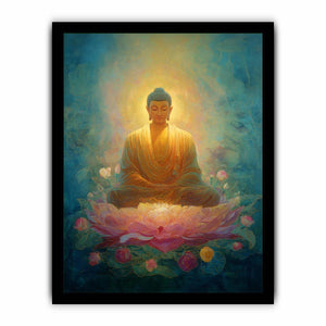 Dreamy Buddha lotus canvas art with teal glow for peaceful spiritual room decor.