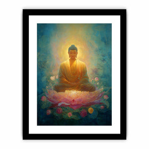 Dreamy Buddha lotus canvas art with teal glow for peaceful spiritual room decor.