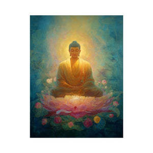 Dreamy Buddha lotus canvas art with teal glow for peaceful spiritual room decor.