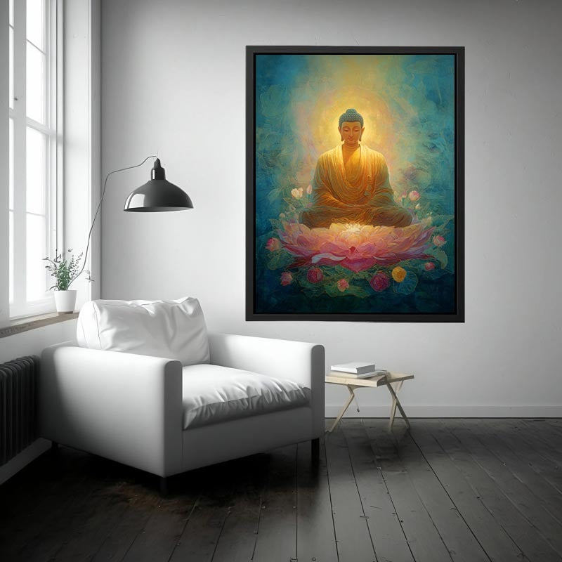 Dreamy Buddha lotus canvas art with teal glow for peaceful spiritual room decor.