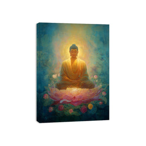 Dreamy Buddha lotus canvas art with teal glow for peaceful spiritual room decor.