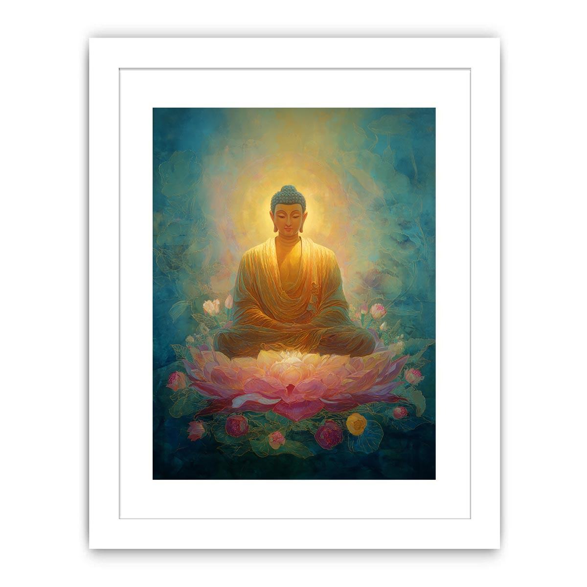 Dreamy Buddha lotus canvas art with teal glow for peaceful spiritual room decor.