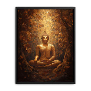 Bronze Buddha statue canvas art with textured leaves for warm spiritual decor.