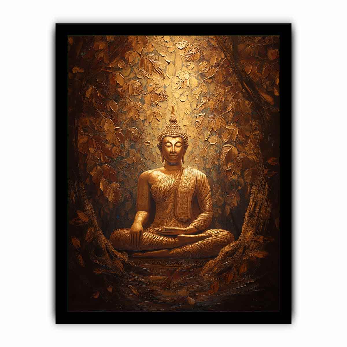 Bronze Buddha statue canvas art with textured leaves for warm spiritual decor.