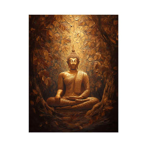 Bronze Buddha statue canvas art with textured leaves for warm spiritual decor.