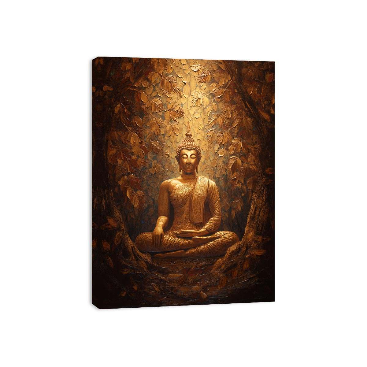 Bronze Buddha statue canvas art with textured leaves for warm spiritual decor.