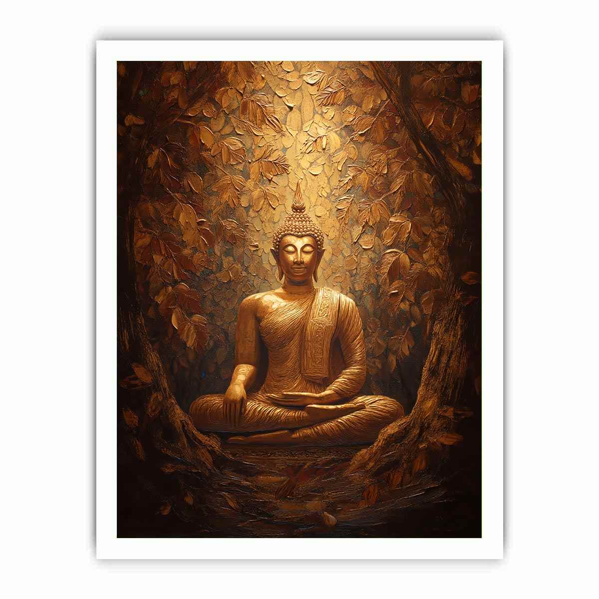 Bronze Buddha statue canvas art with textured leaves for warm spiritual decor.