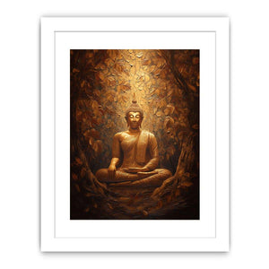 Bronze Buddha statue canvas art with textured leaves for warm spiritual decor.