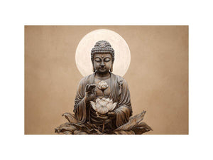 Neutral Buddha lotus canvas art with moon halo for minimalist living room decor.