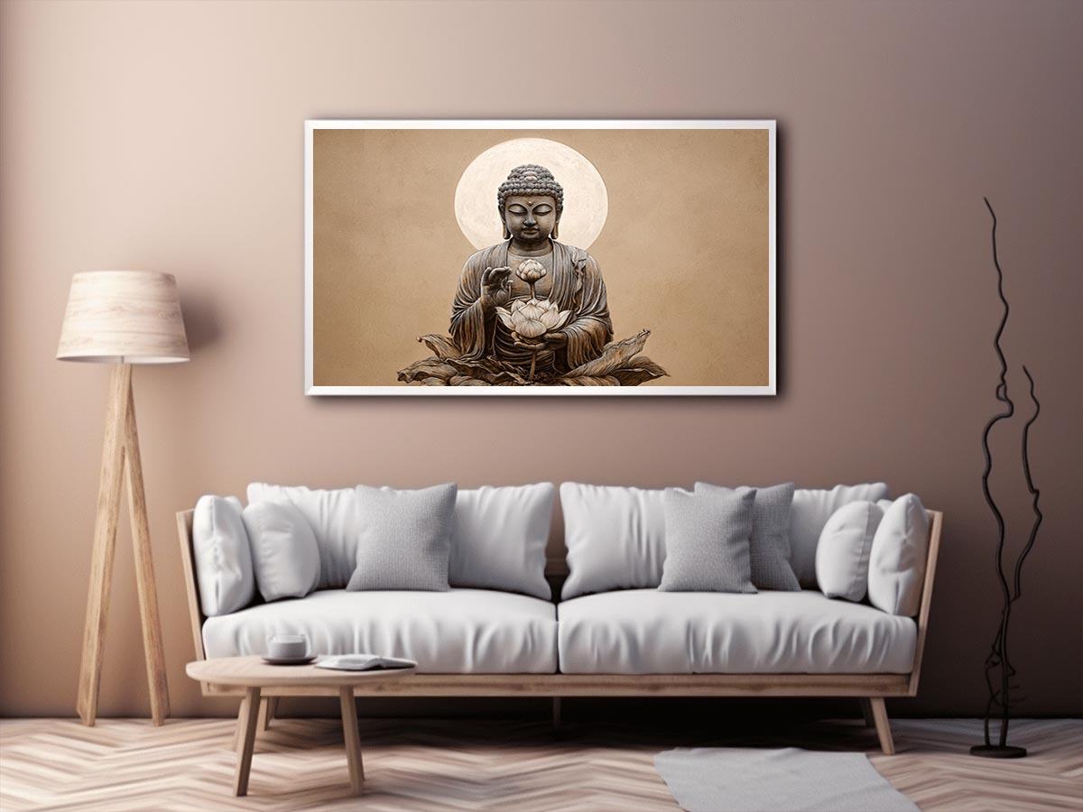 Neutral Buddha lotus canvas art with moon halo for minimalist living room decor.