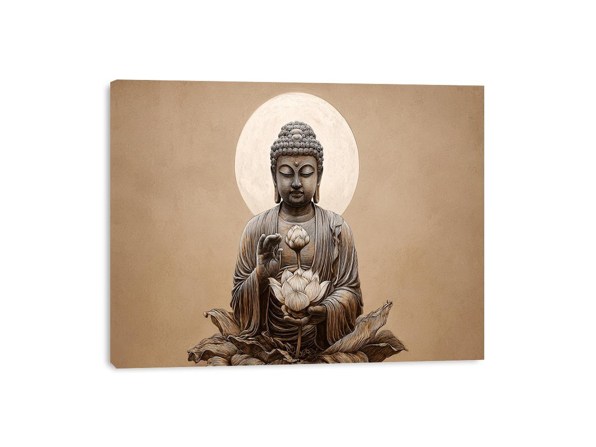 Neutral Buddha lotus canvas art with moon halo for minimalist living room decor.