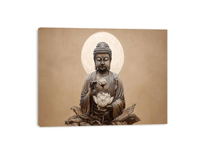 Neutral Buddha lotus canvas art with moon halo for minimalist living room decor.
