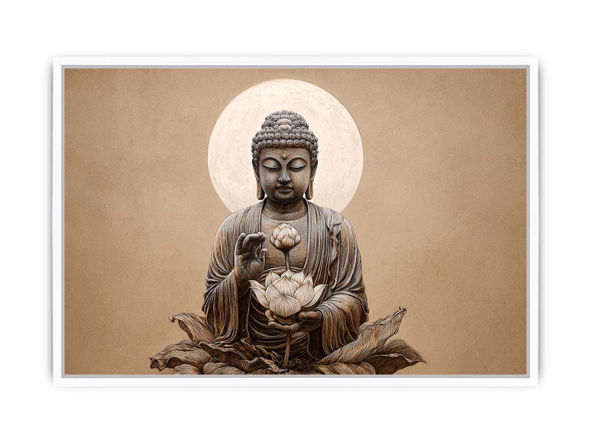 Neutral Buddha lotus canvas art with moon halo for minimalist living room decor.