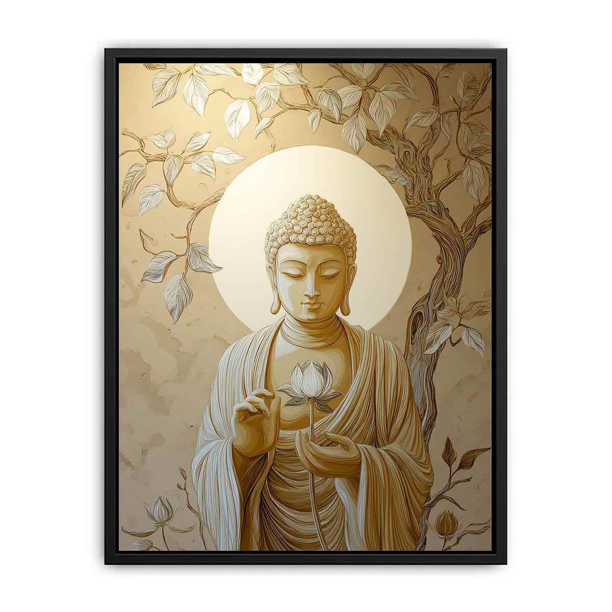 Ivory Buddha lotus canvas art with leaves for elegant neutral spiritual decor.